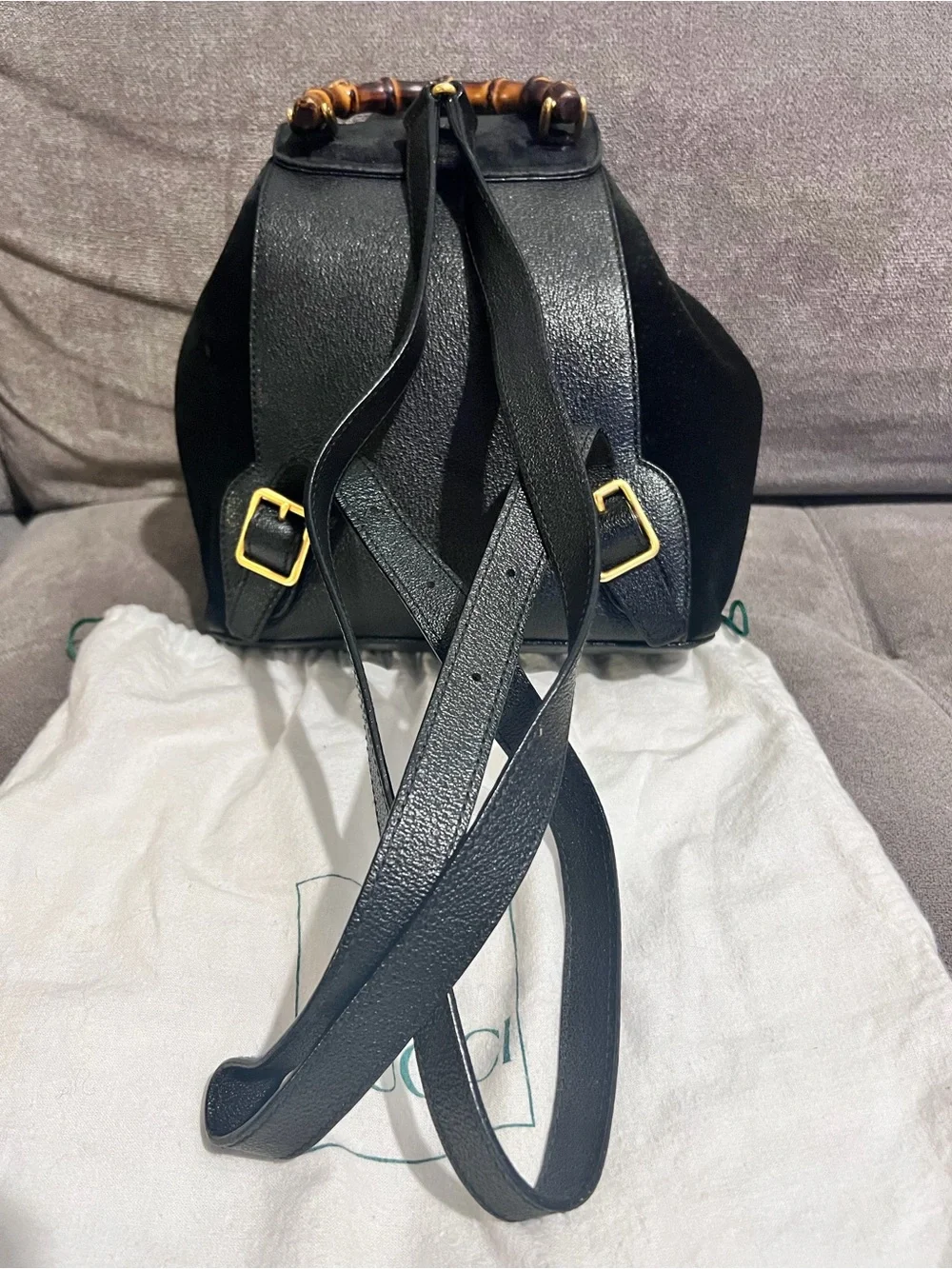 Gucci Black Suede & Leather Bamboo-Handle Drawstring Backpack